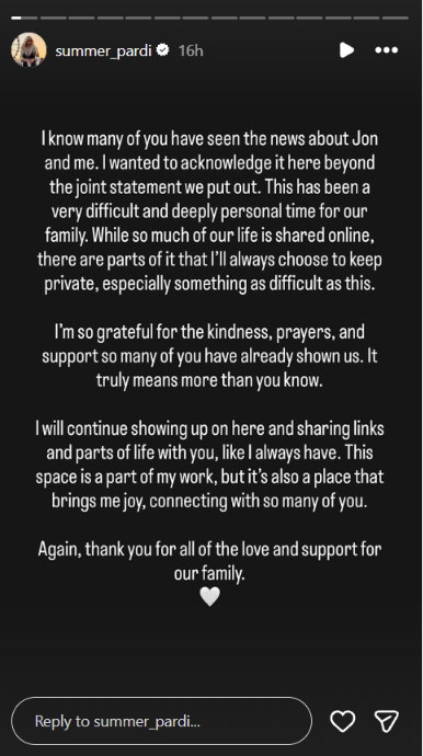 A screengrab of Summer Pardi's Stories post, shared on July 7, 2026. | Source: Instagram/summer_pardi