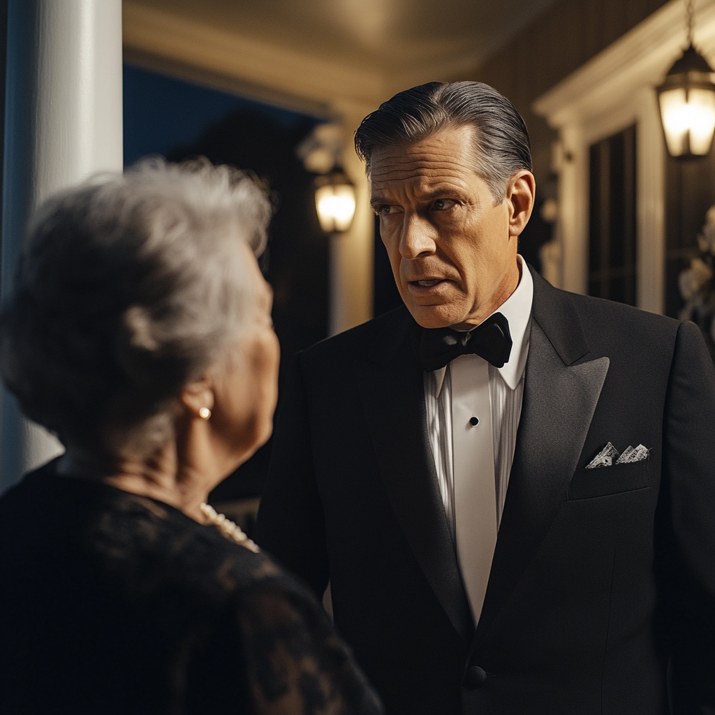 A serious agent talking to an elderly woman | Source: Midjourney