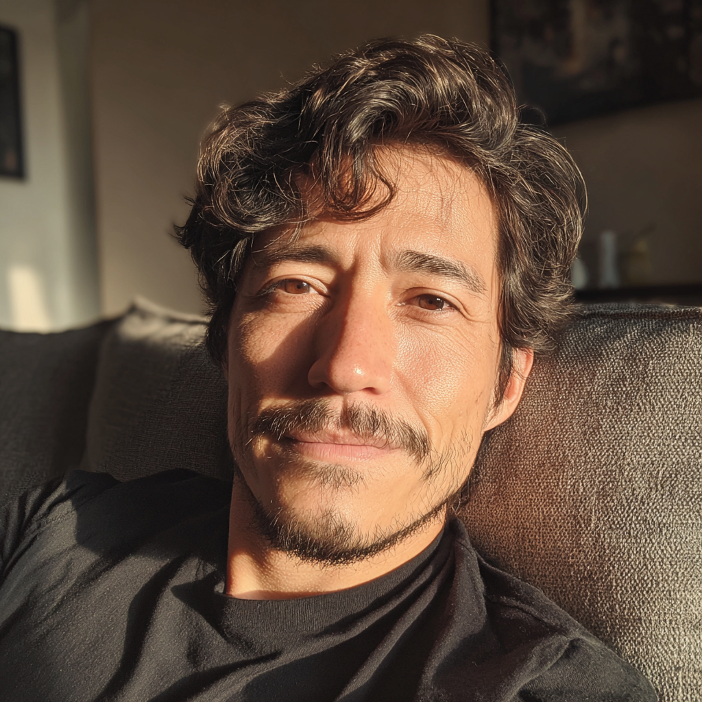 A man sitting on a couch and smiling gently | Source: Midjourney
