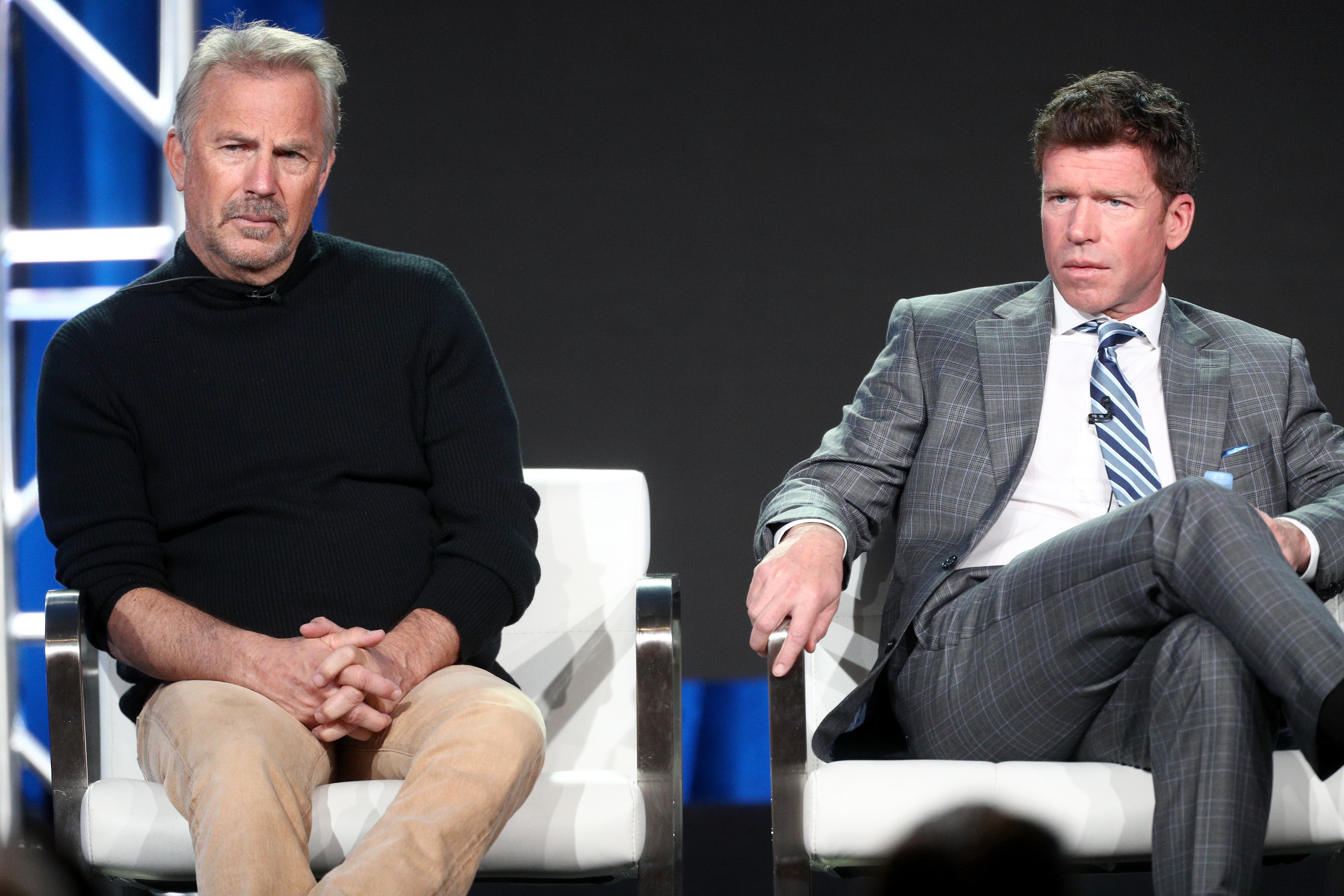 Kevin Costner  and Taylor Sheridan of "Yellowstone" speak onstage during the Paramount Network portion of the 2018 Winter Television Critics Association Press Tour at The Langham Huntington on January 15 in Pasadena, California. | Source: Getty Images