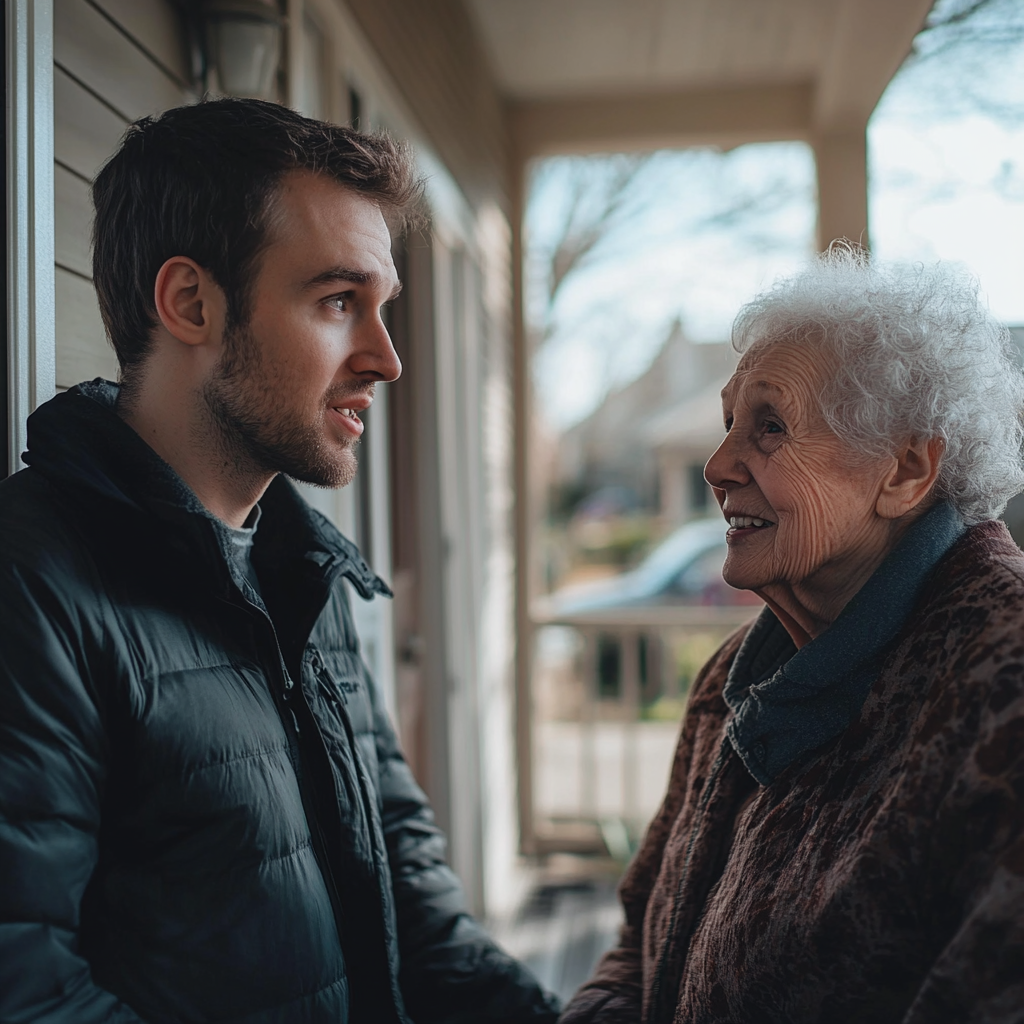 A man talking to his neighbor on his porch | Source: Midjourney