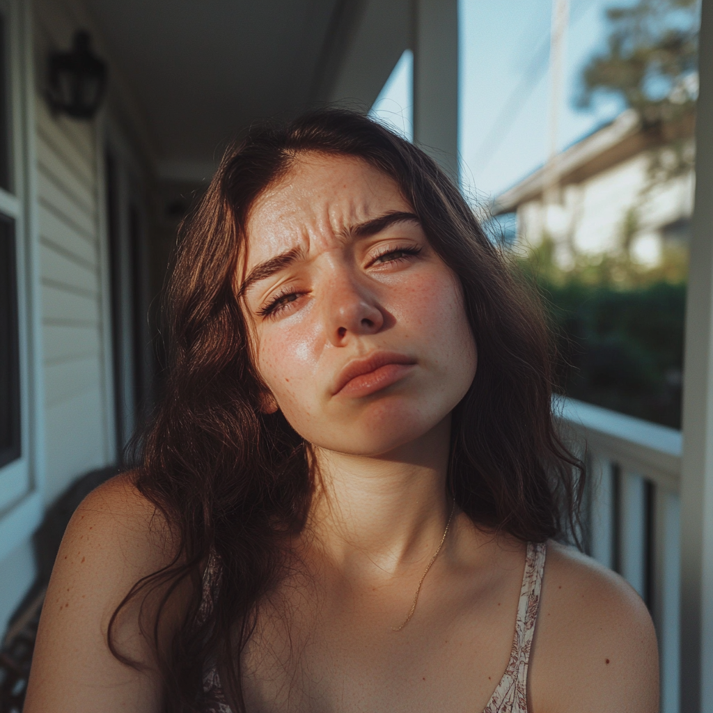 A confused woman on her porch | Source: Midjourney