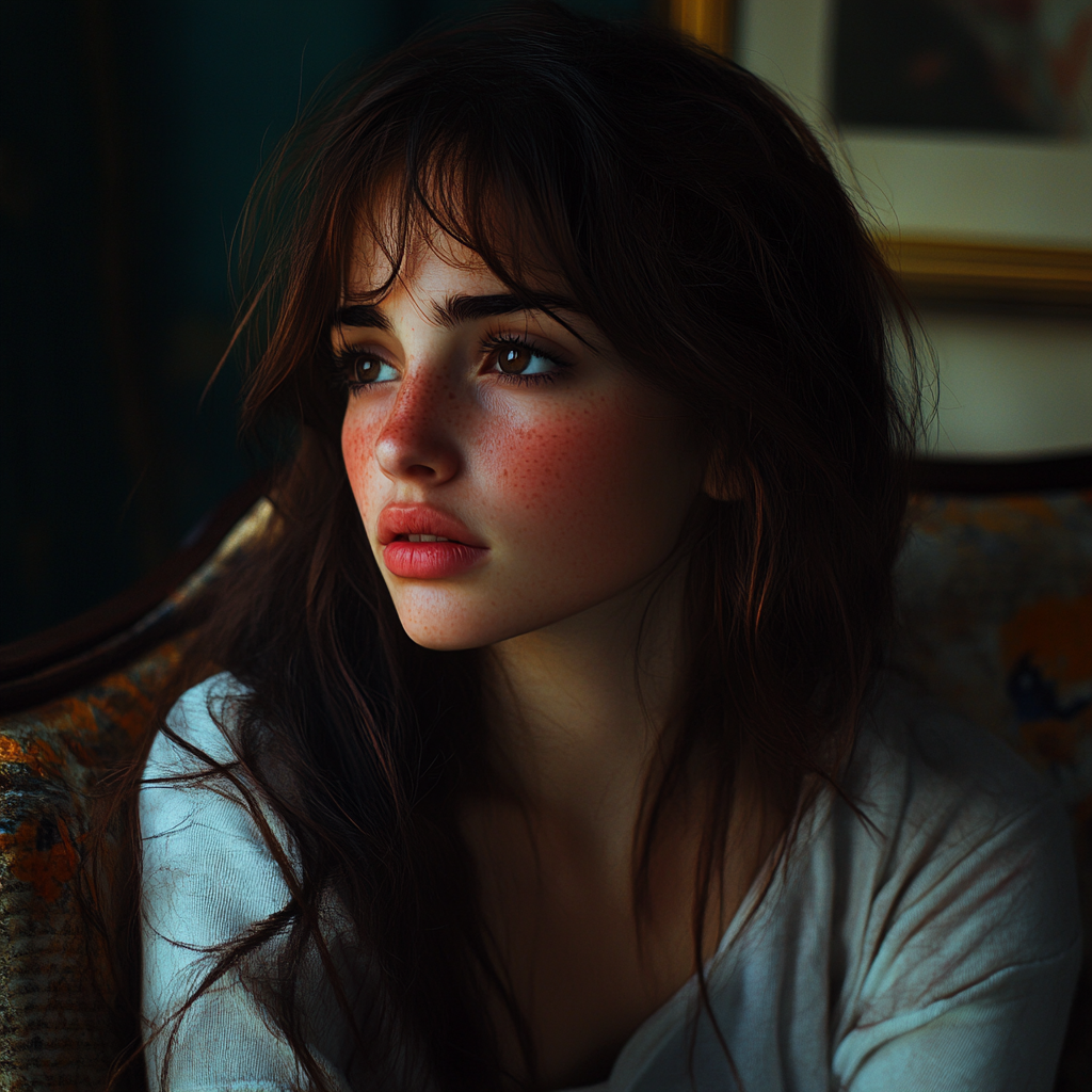 A woman on a sofa staring uncertainly at someone | Source: Midjourney