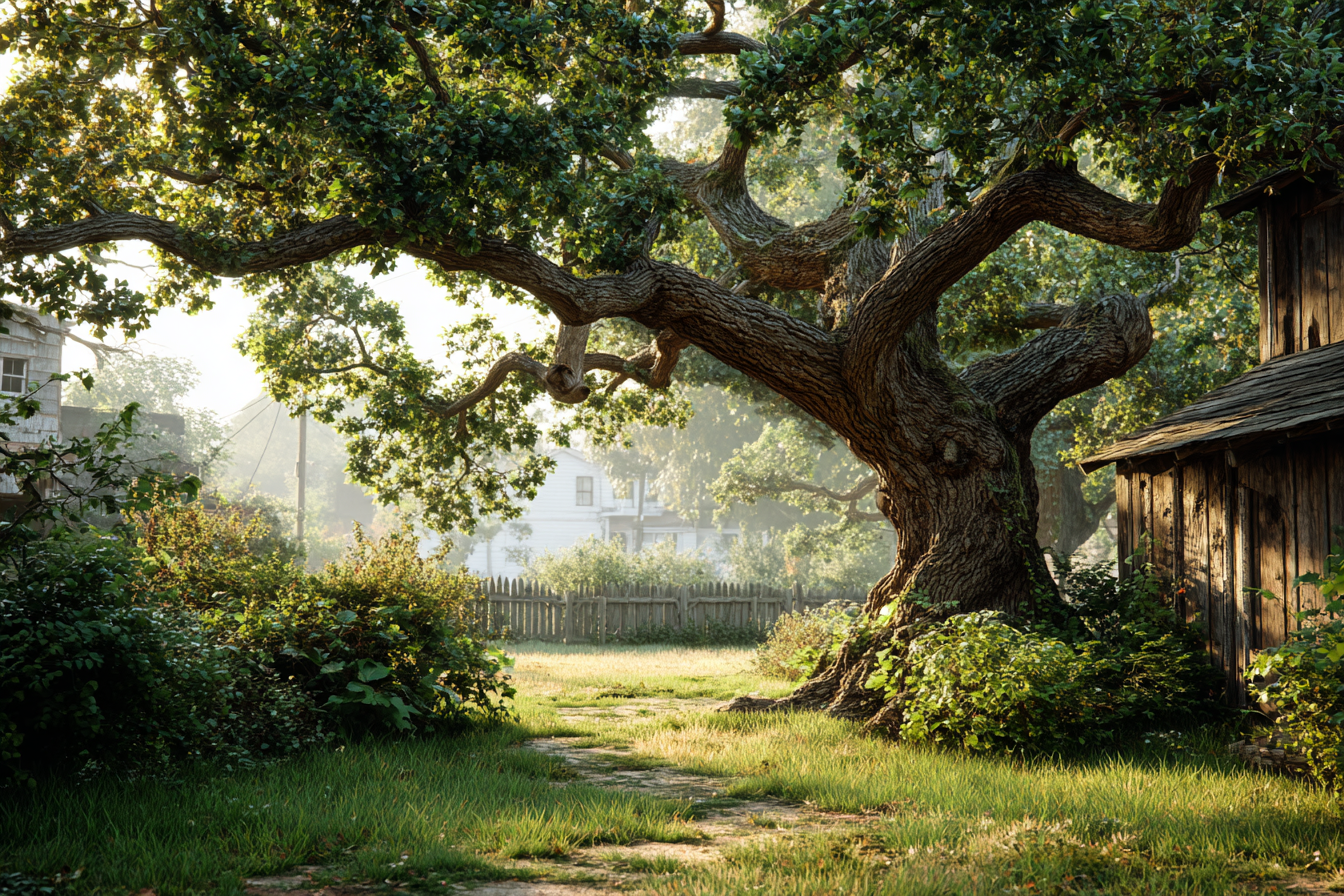 An oak tree in a backyard | Source: Midjourney