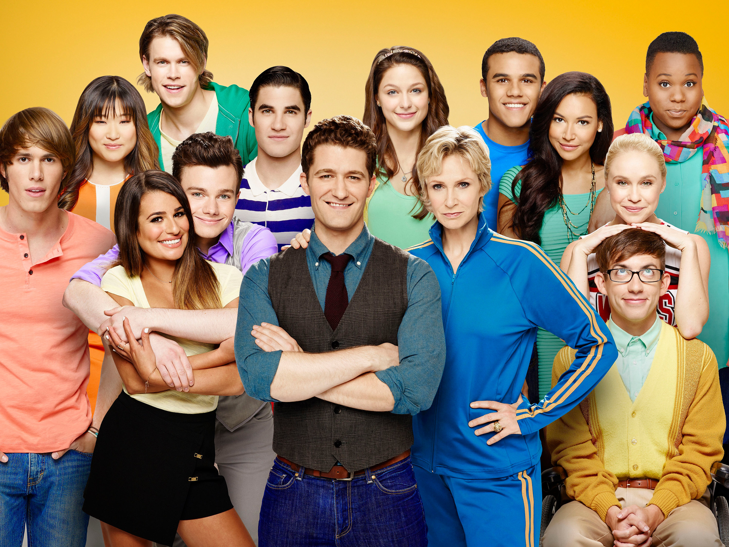 The cast of "Glee" season 5: Jenna Ushkowitz, Chord Overstreet, Darren Criss, Melissa Benoist, Jacob Artist, Naya Rivera and Alex Newell. Bottom (L-R bottom) Blake Jenner, Lea Michele, Chris Colfer, Matthew Morrison, Jane Lynch, Becca Tobin and Kevin McHale | Source: Getty Images