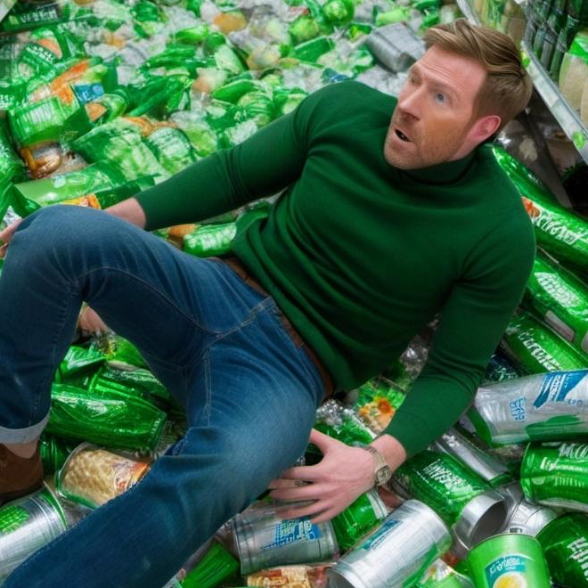 A man falls into a display of canned goods | Source: Midjourney