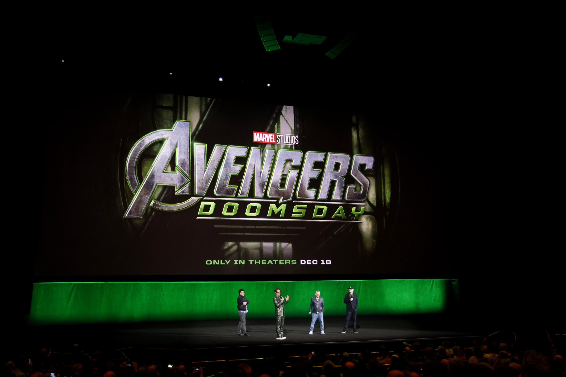 Anthony Russo, Robert Downey Jr., Joe Russo and Kevin Feige, President of Marvel Studios, promote the upcoming film "Avengers: Doomsday" at the Walt Disney Studios presentation at The Dolby Colosseum at Caesars Palace during CinemaCon, the official convention of Cinema United, on April 16, 2026 in Las Vegas, Nevada. | Source: Getty Images