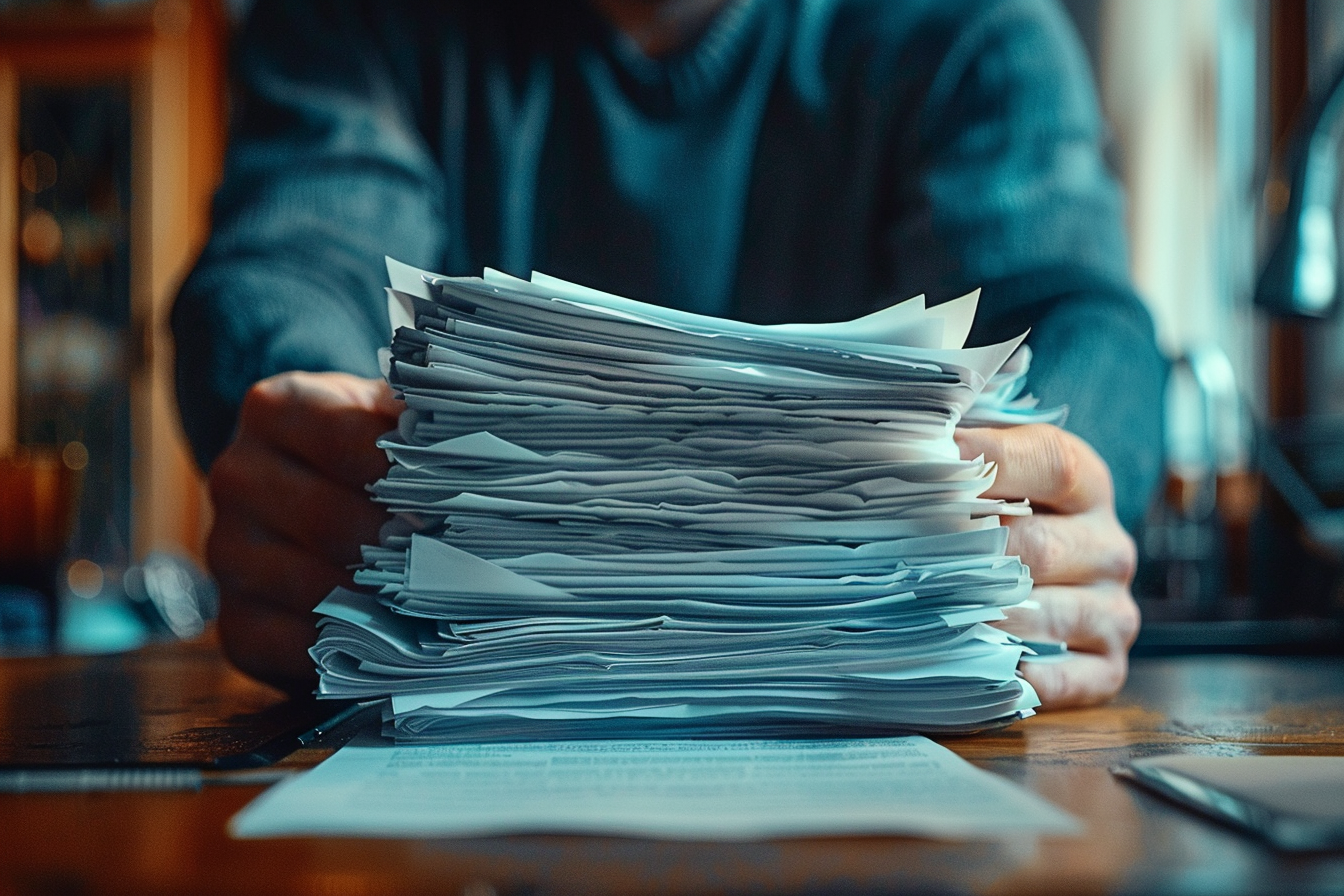 A man holding a thick stack of papers | Source: Midjourney