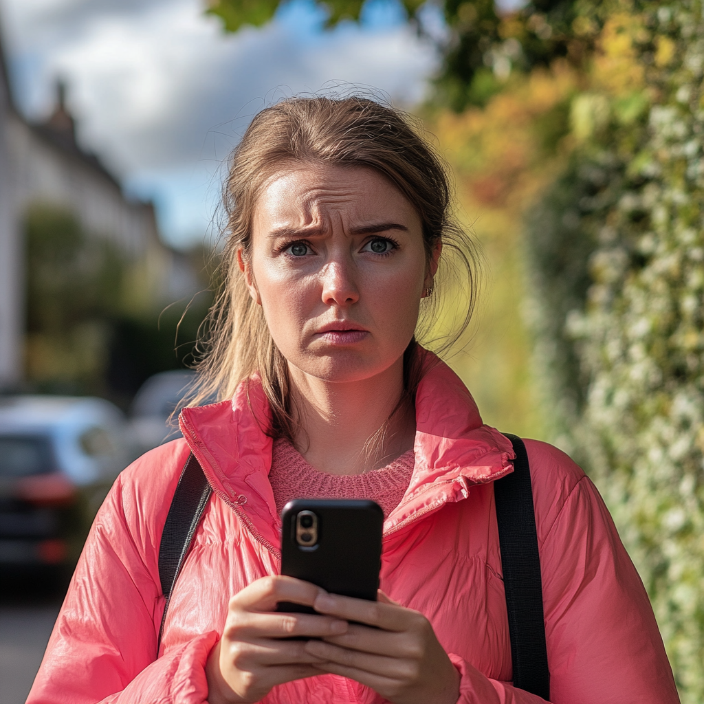 A woman holding a phone and frowning | Source: Midjourney