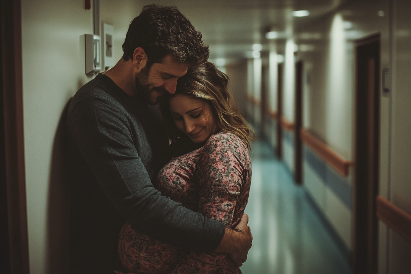 A man hugging a pregnant woman in a hospital corridor | Source: Midjourney