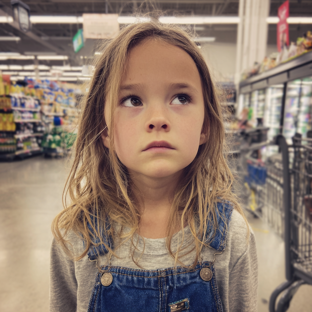A concerned little girl standing in a grocery store | Source: Midjourney