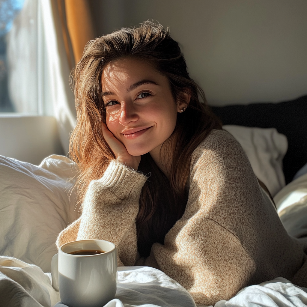 Woman having coffee while seated on her bed | Source: Midjourney