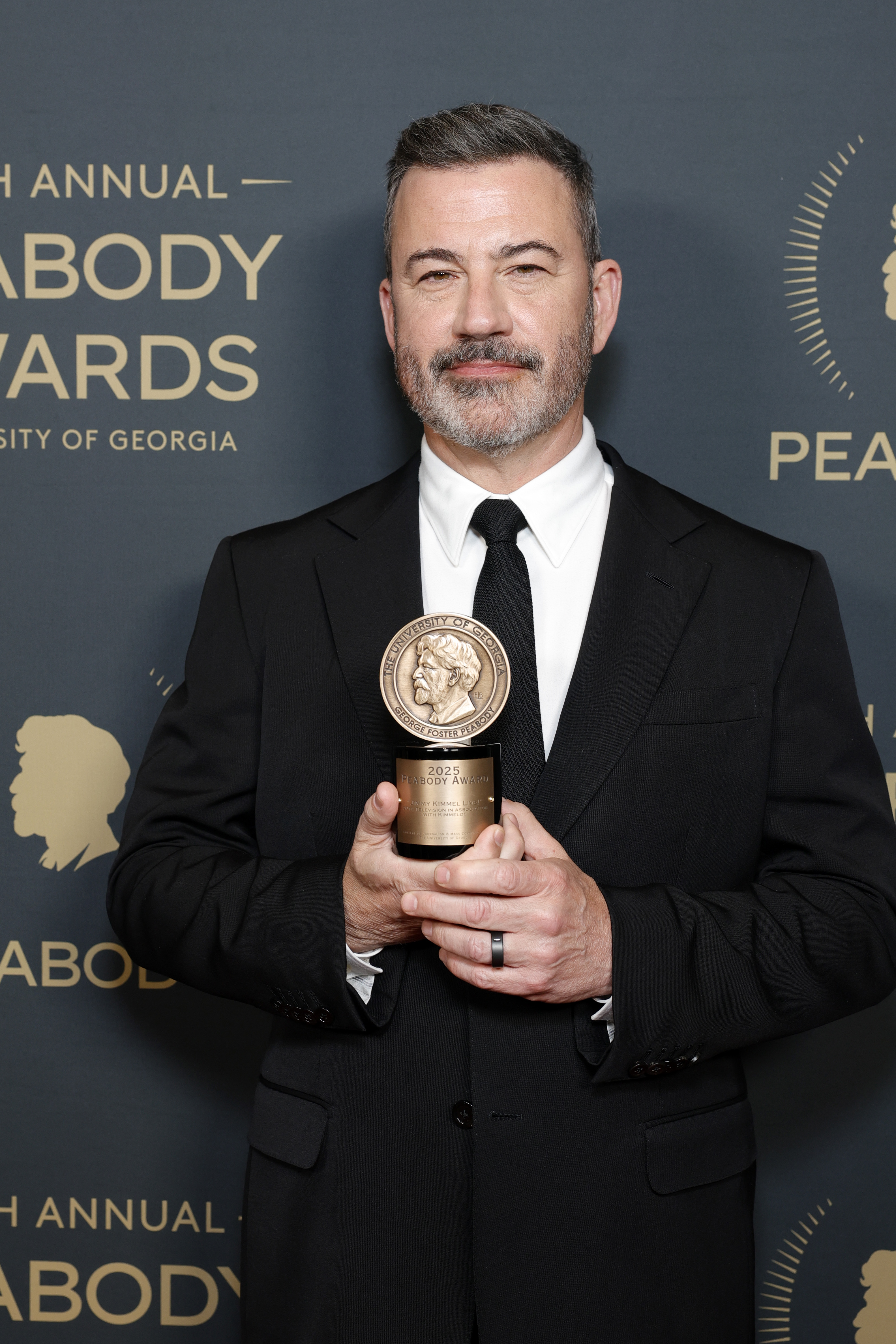 Jimmy Kimmel poses with a Peabody Award in the press room during the 86th annual Peabody Awards at Beverly Wilshire, A Four Seasons Hotel on May 31, 2026 in Beverly Hills, California. | Source: Getty Images