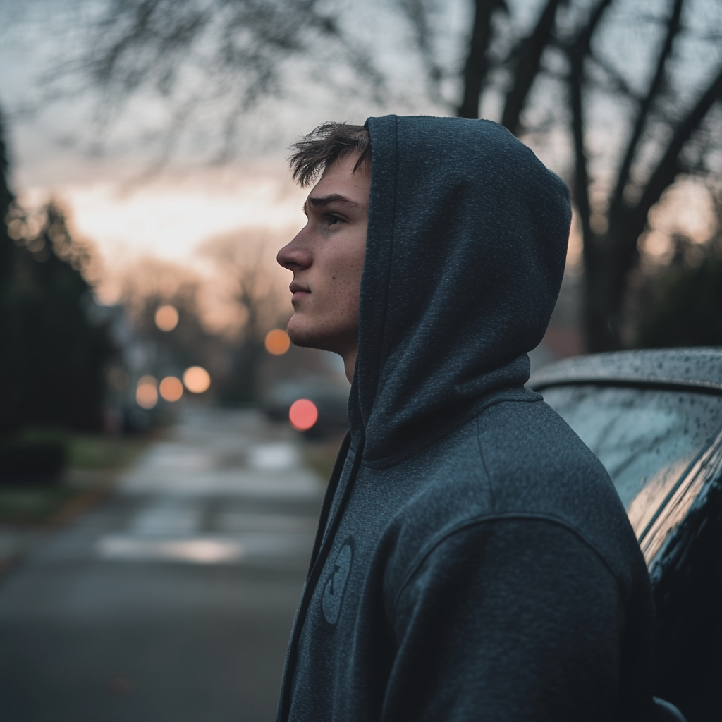 A young man standing next to his car | Source: Midjourney