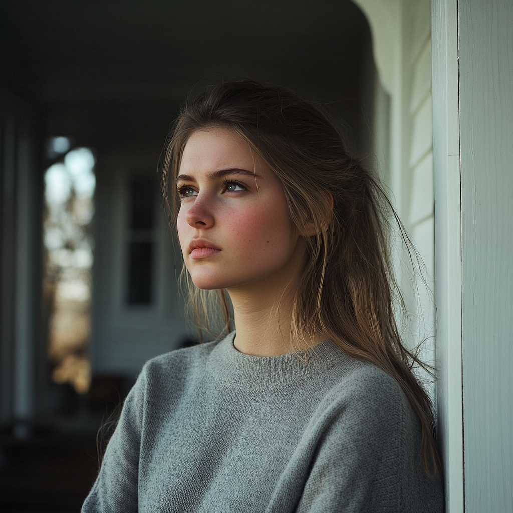 A suspicious woman on her porch | Source: Midjourney