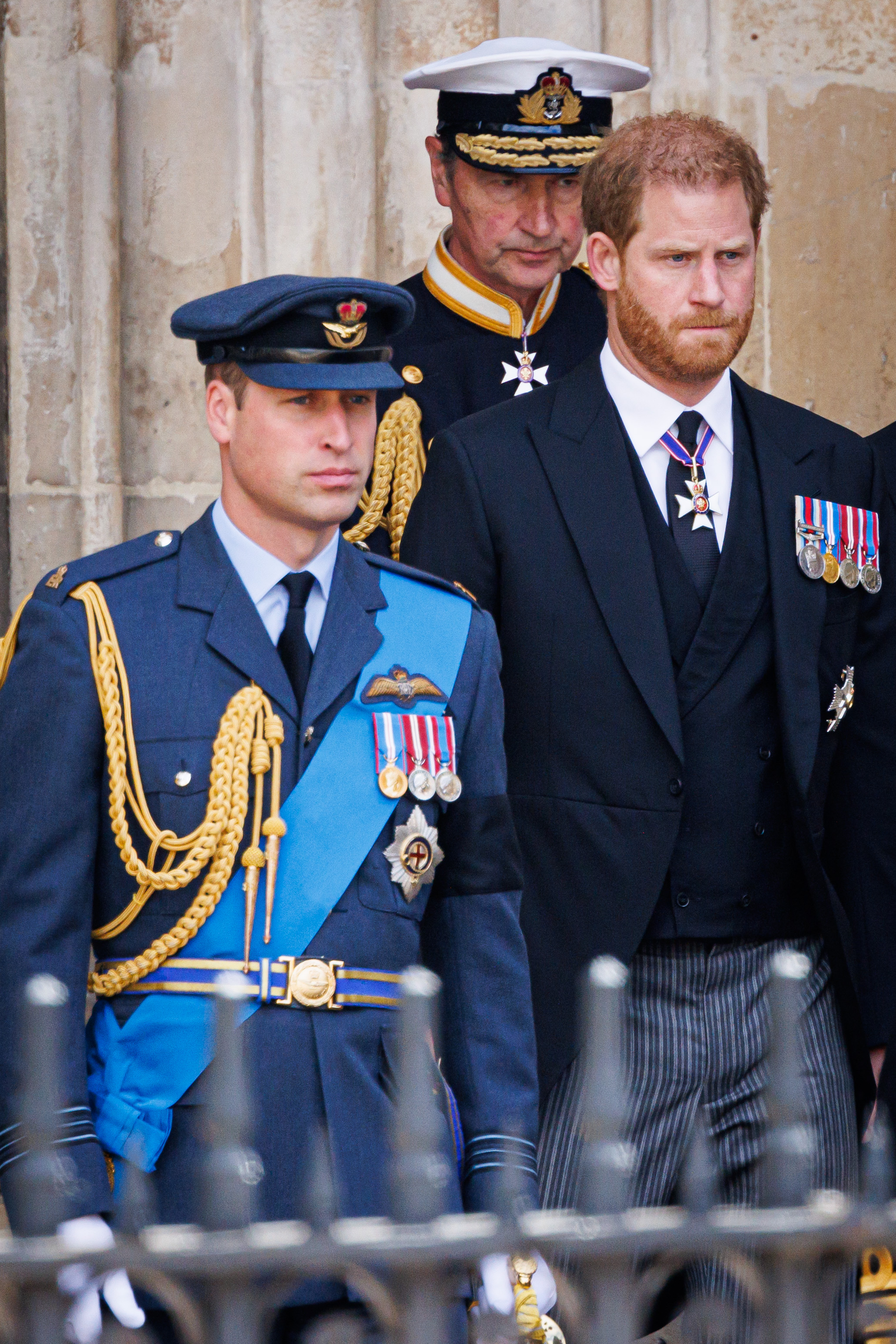 Prince William, Prince of Wales and Prince Harry, Duke of Sussex during the State Funeral of Queen Elizabeth II at Westminster Abbey on September 19, 2022 in London, England. | Source: Getty Images