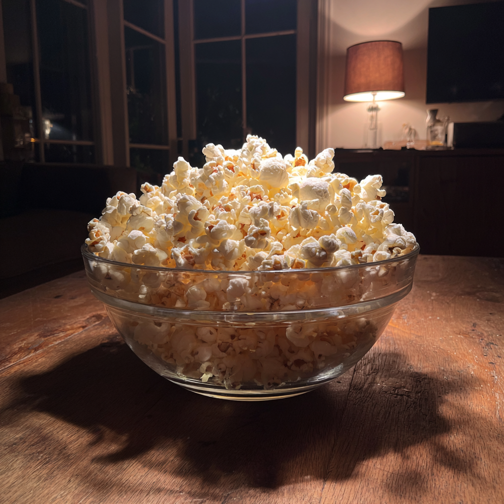 Miska popcornu na stole | Źródło: Midjourney