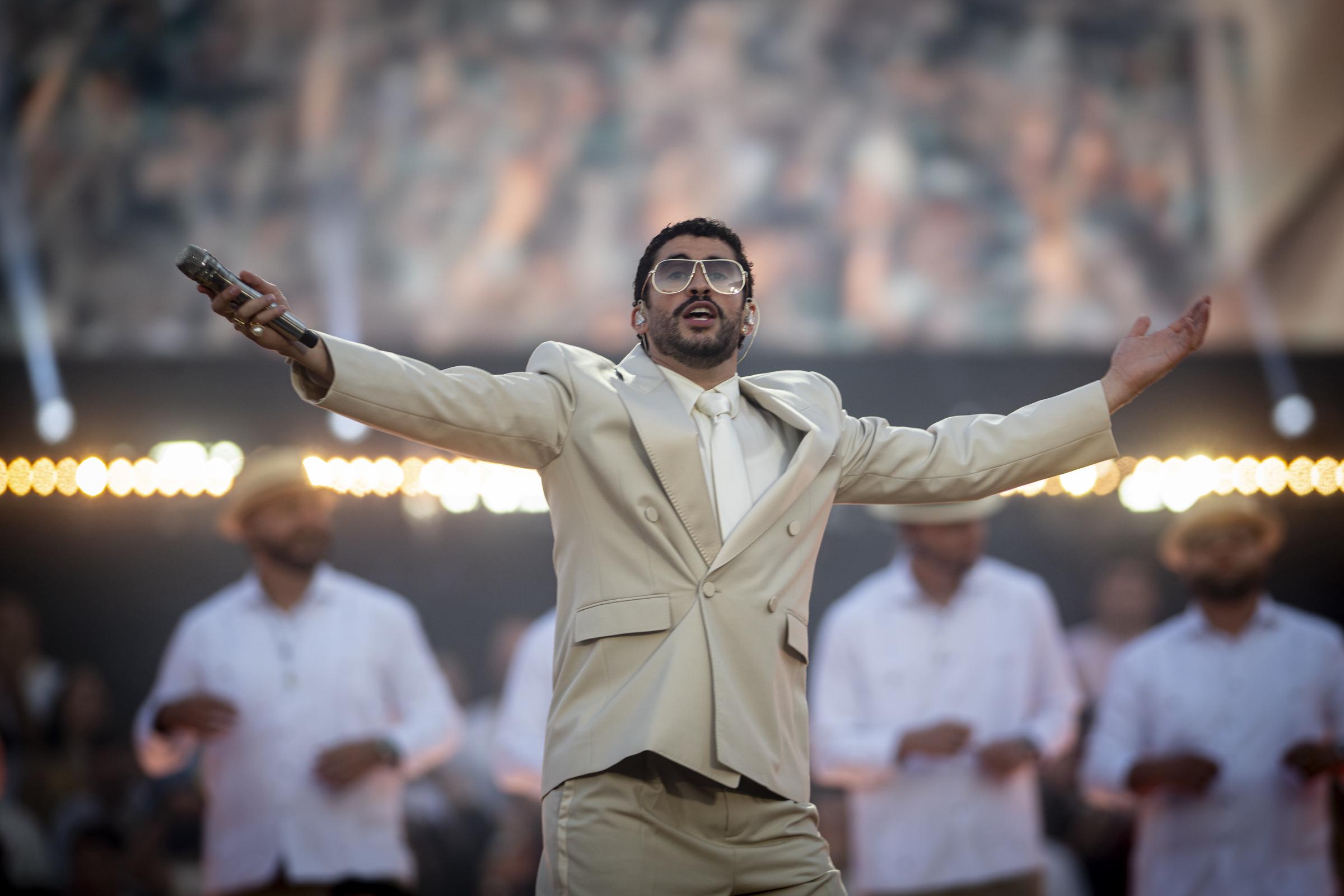 Bad Bunny during his concert at the Estadi Olimpic Lluis Companys on May 22, 2026, in Barcelona, Catalonia, Spain. | Source: Getty Images