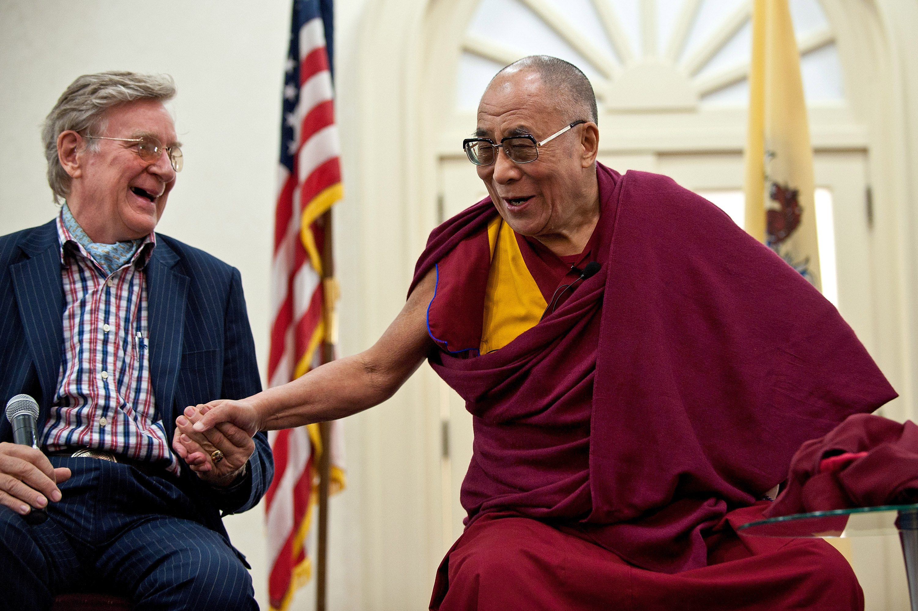 His Holiness the Dalai Lama (R) and Robert Thurman attend The Newark Peace Education Summit press conference at the Robert Treat Hotel on May 12, 2011 in Newark, New Jersey. | Source: Getty Images