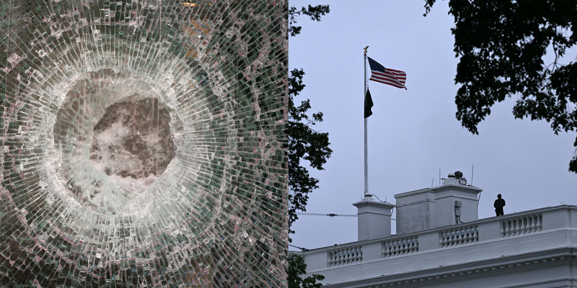 A shattered window of The People's House: A White House Experience | A police officer stands on the roof of a building at the White House | Source: Getty Images