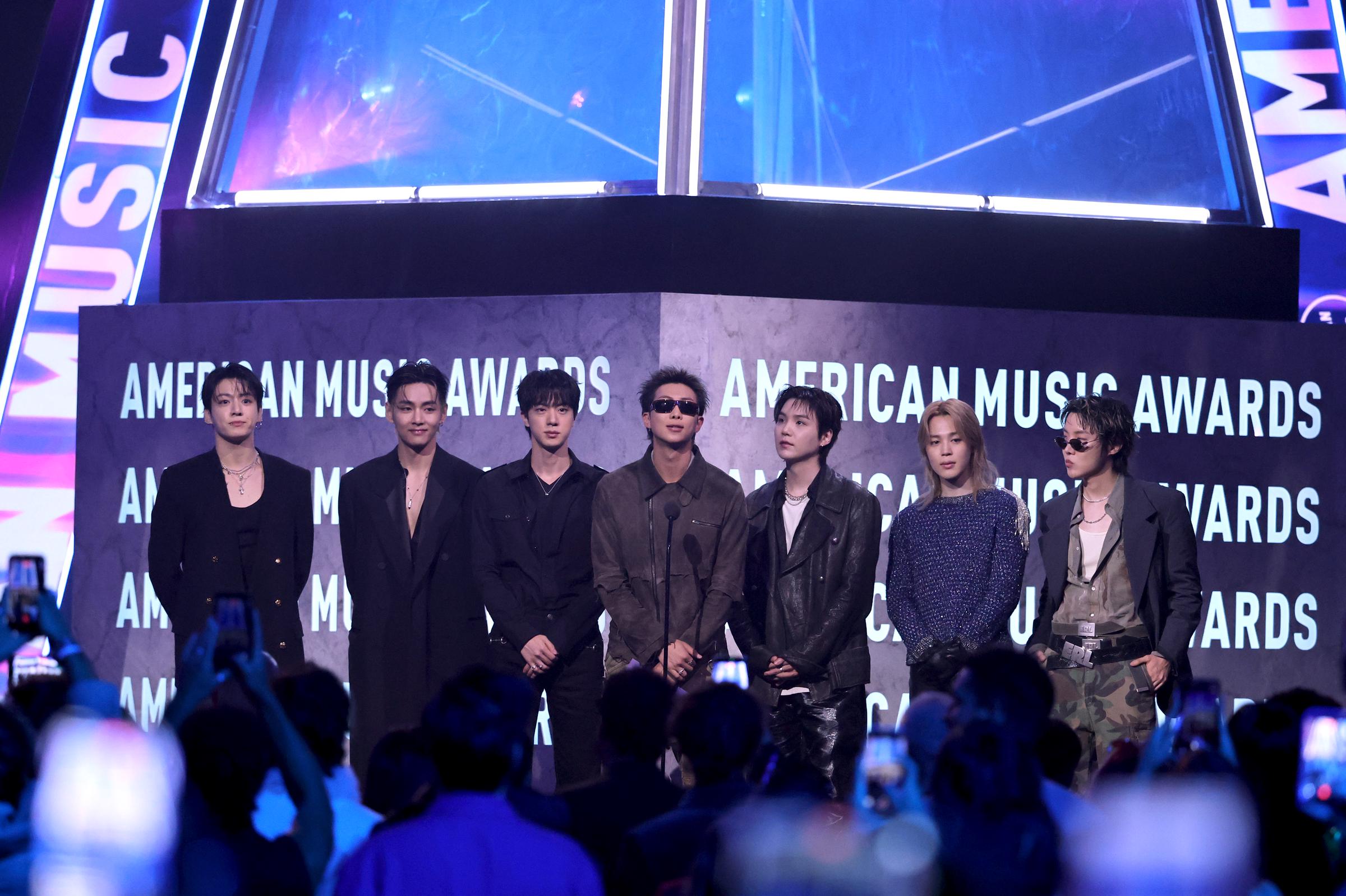 BTS during the 52nd American Music Awards at MGM Grand Garden Arena on May 25, 2026, in Las Vegas, Nevada. | Source: Getty Images