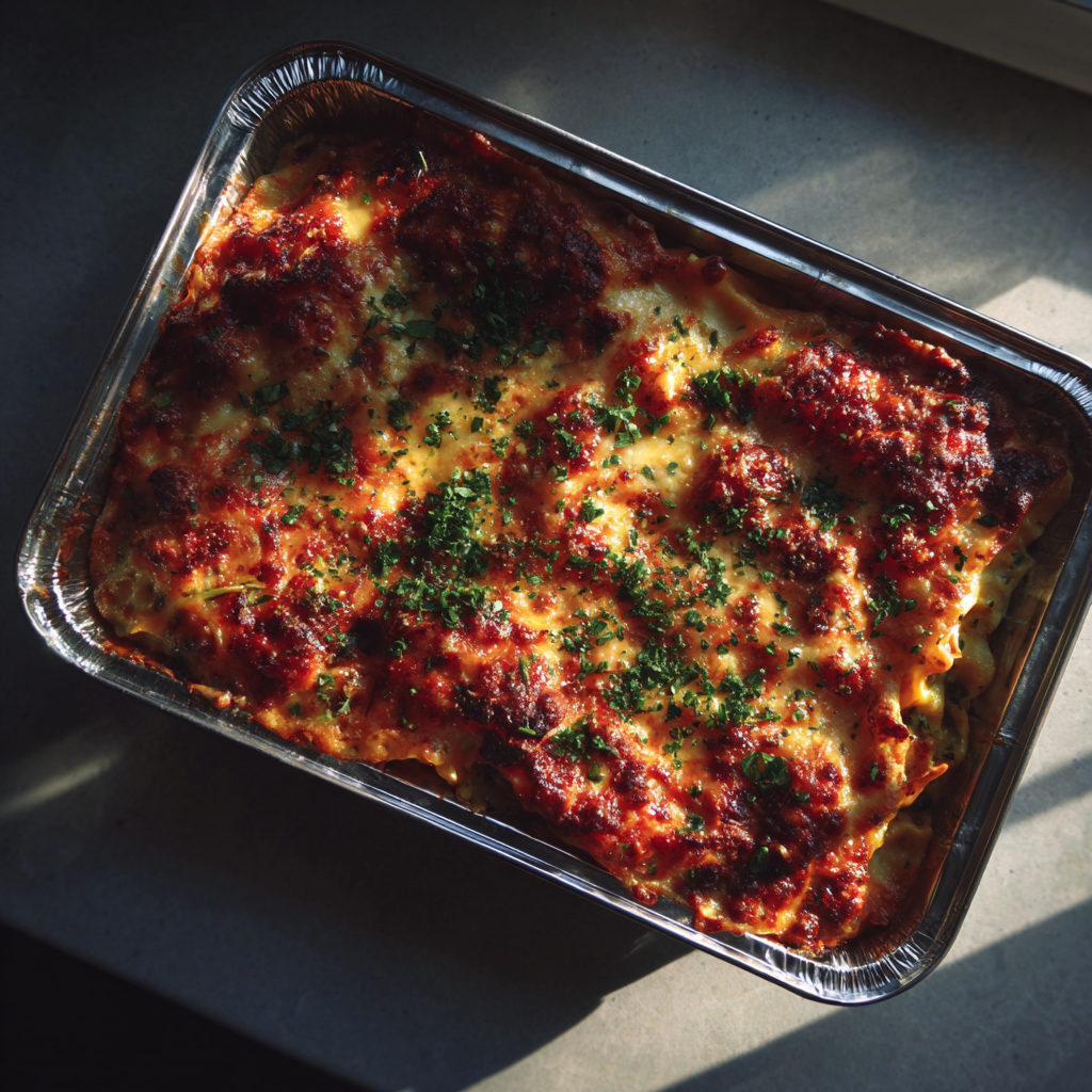 Taca z lasagne na blacie | Źródło: Midjourney