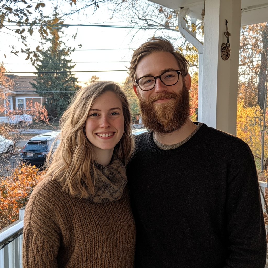A smiling couple on their neighbor's porch | Source: Midjourney