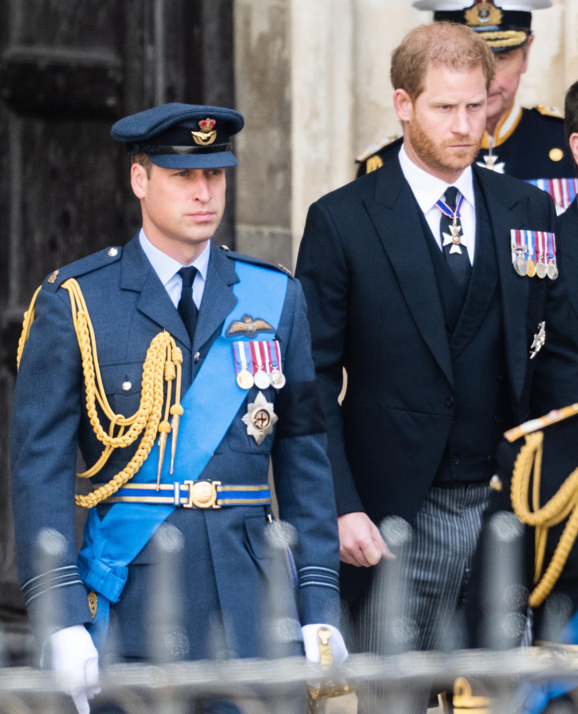 Prince William, Prince of Wales and Prince Harry, Duke of Sussex during the State Funeral of Queen Elizabeth II at Westminster Abbey on September 19, 2022 in London, England. | Source: Getty Images