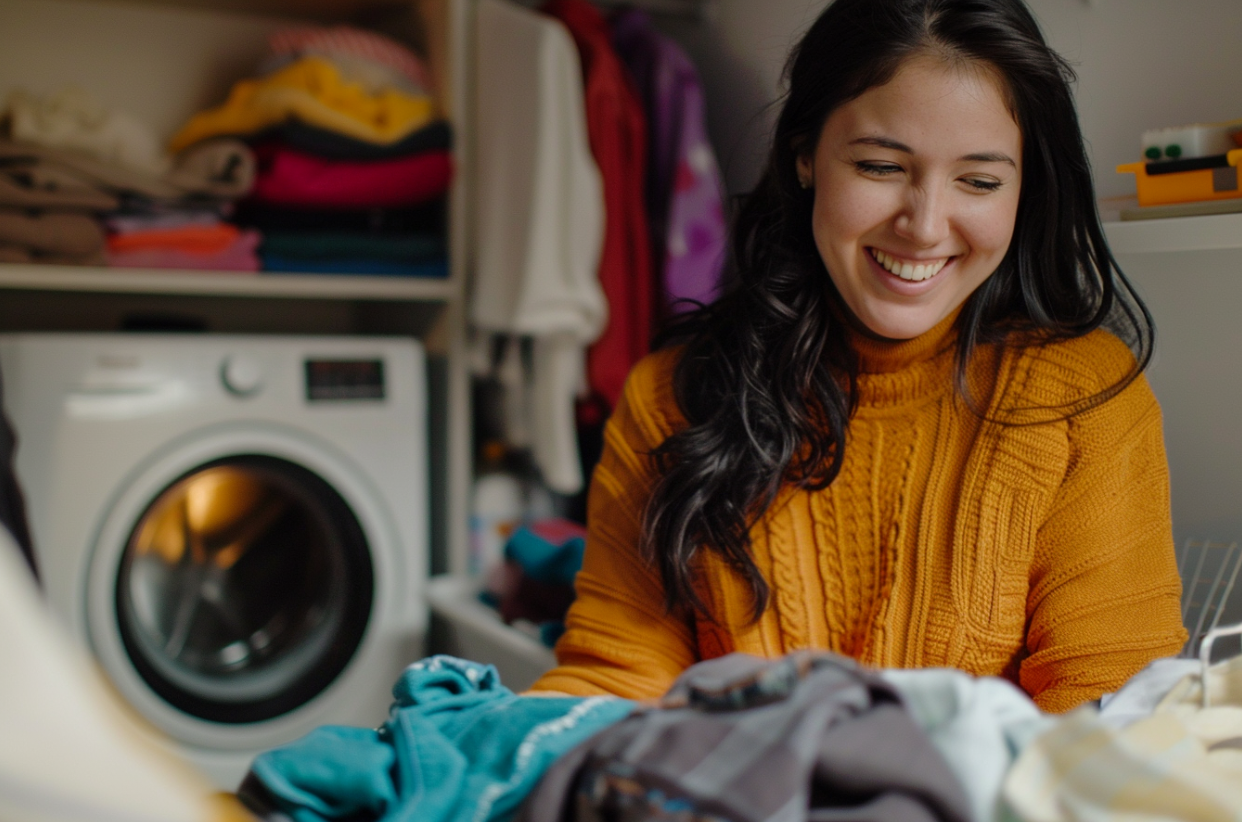 Een vrouw die lacht tijdens het wassen | Bron: MidJourney