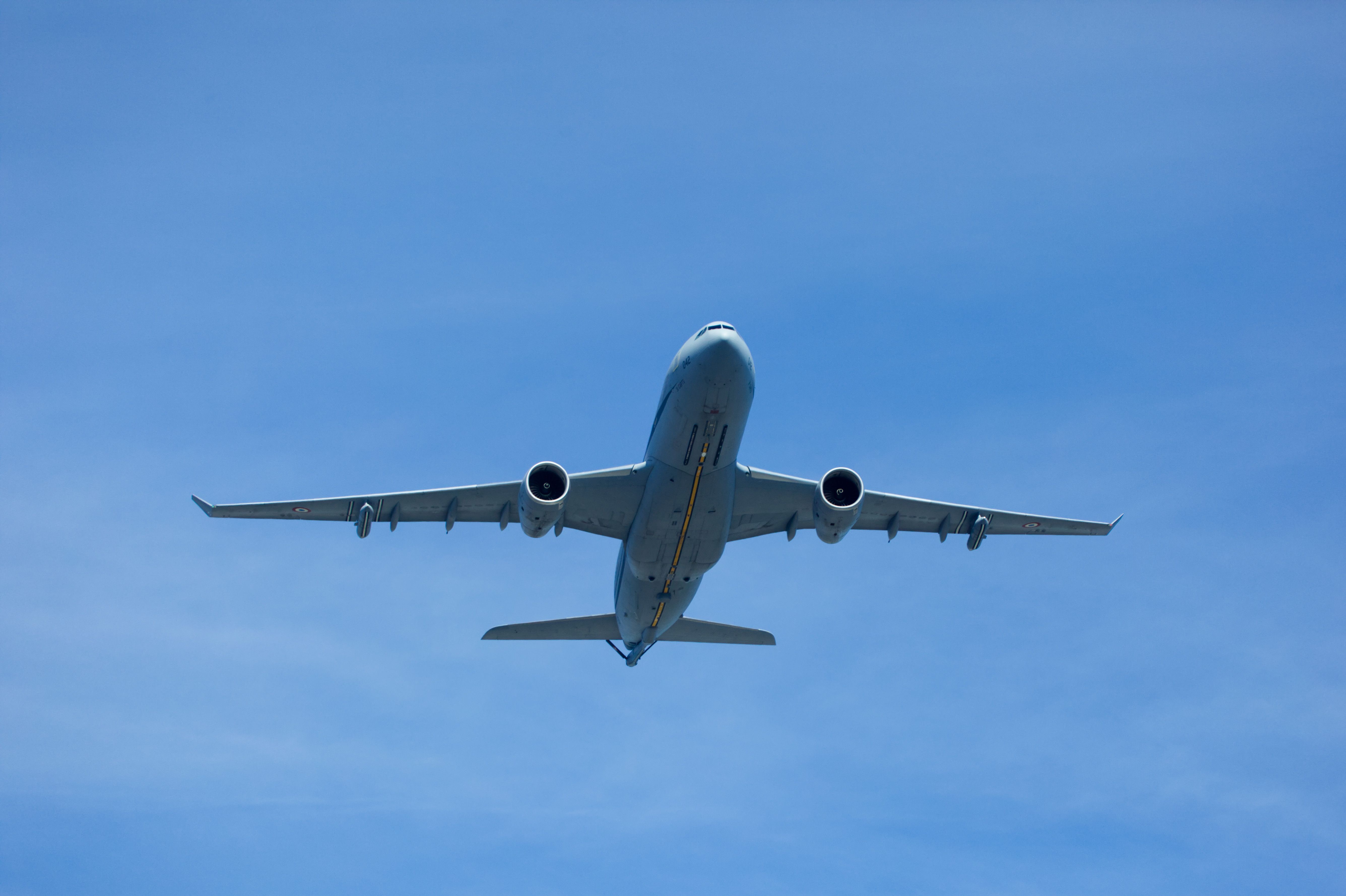 Airplane captured in flight against a clear blue sky | Source: Pexels
