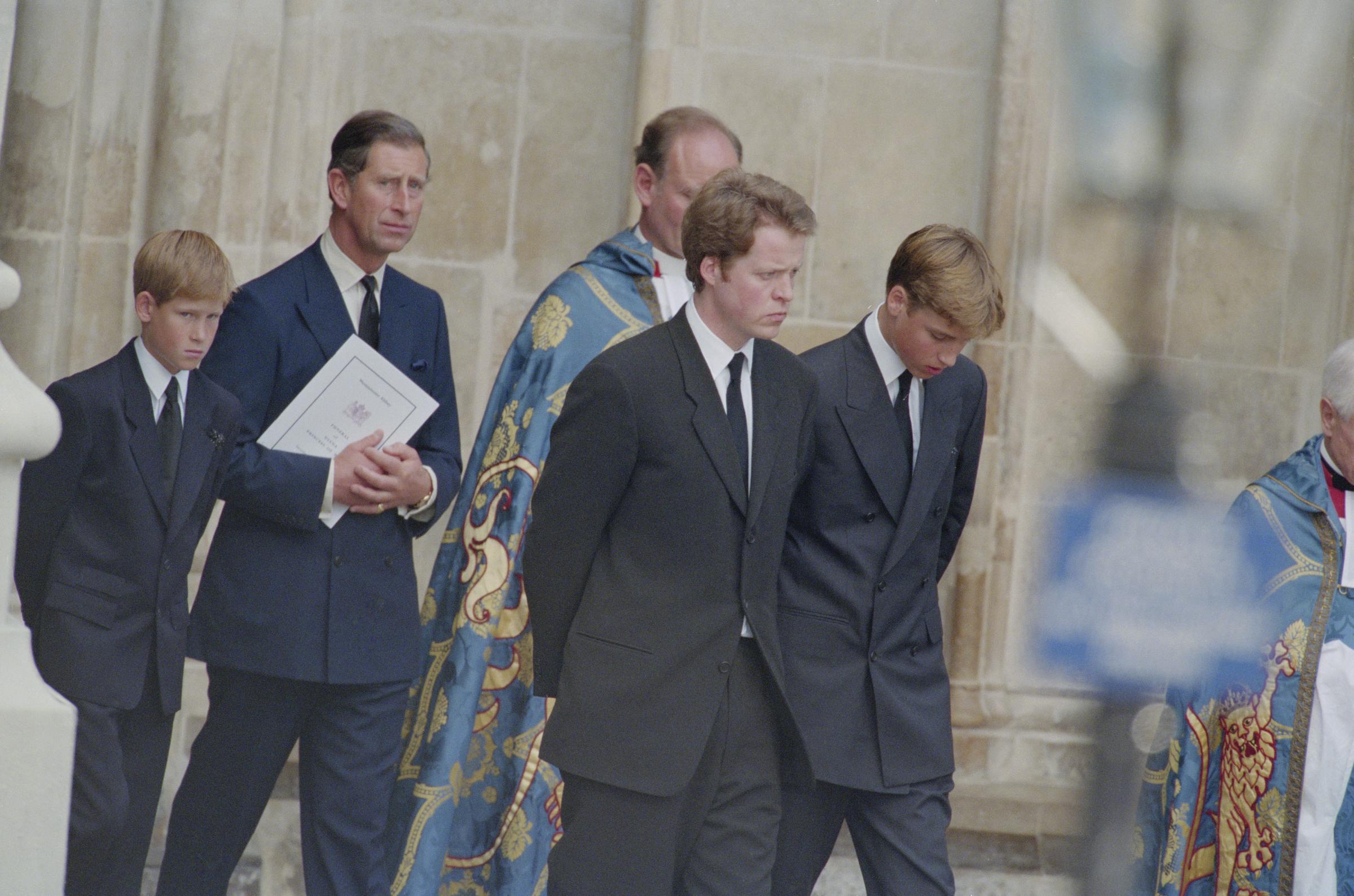 Prince Harry, Prince Charles, Earl Spencer and Prince William at Westminster Abbey for the funeral service for Diana, Princess of Wales, on September 6, 1997. | Source: Getty Images